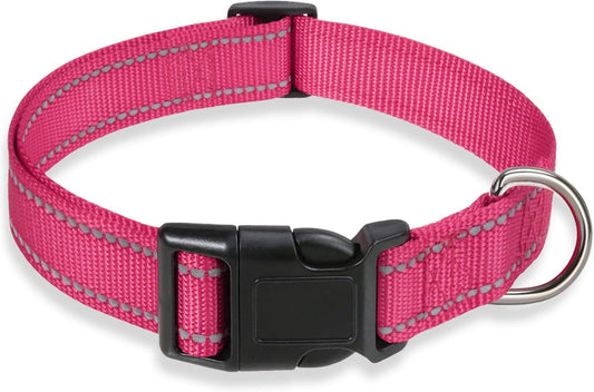 Reflective Adjustable Nylon Dog Collar with Safety Buckle – Pink (Small, Medium, Large)