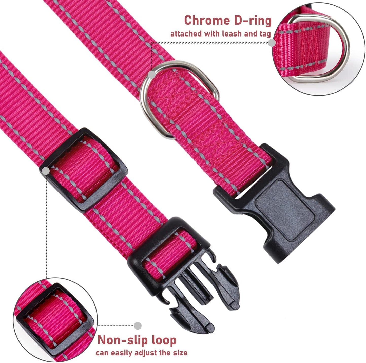 Reflective Adjustable Nylon Dog Collar with Safety Buckle – Pink (Small, Medium, Large)