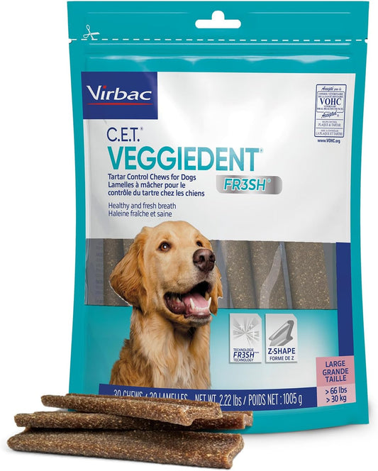 Virbac Veggiedent FR3SH Chews, Large Dogs 66+ lbs, Plant-Based, 30 Count