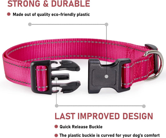 Reflective Adjustable Nylon Dog Collar with Safety Buckle – Pink (Small, Medium, Large)