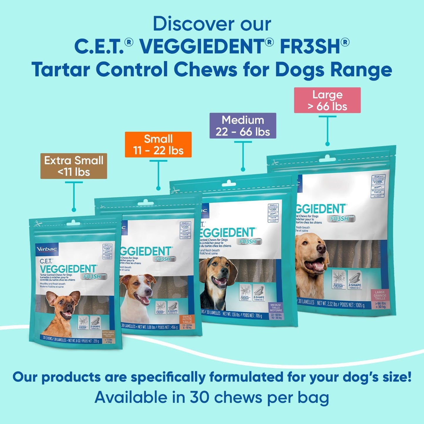 Virbac Veggiedent FR3SH Chews, Large Dogs 66+ lbs, Plant-Based, 30 Count