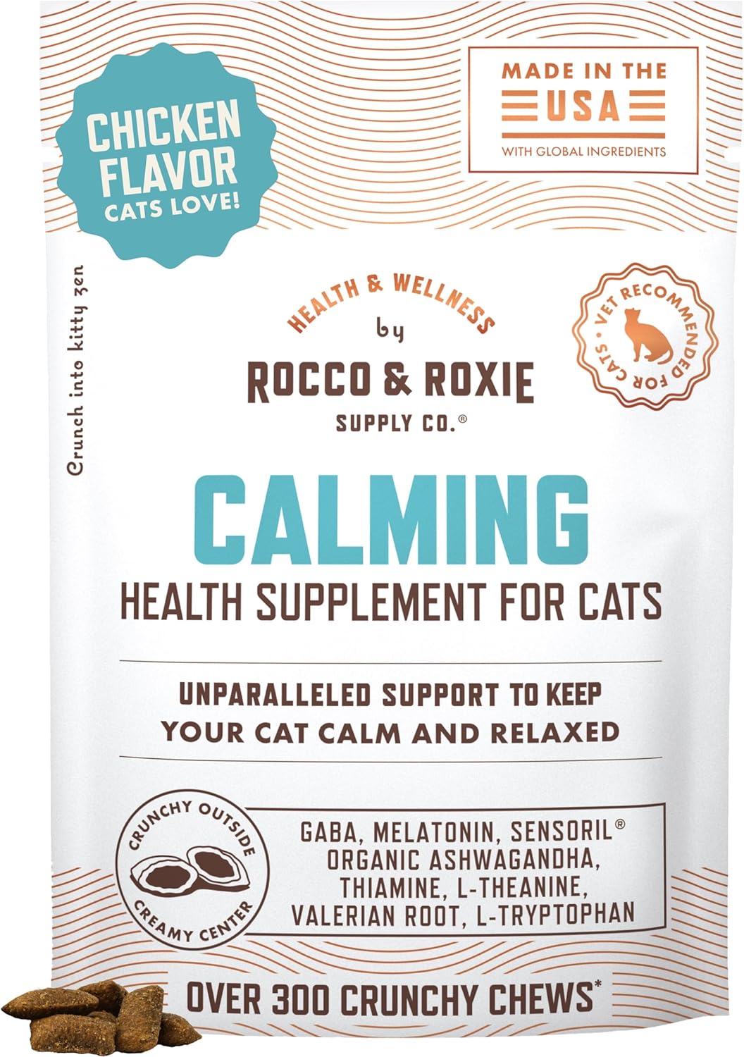 Rocco & Roxie Cat Calming Chews – Melatonin, Ashwagandha, GABA, Chicken Flavor.