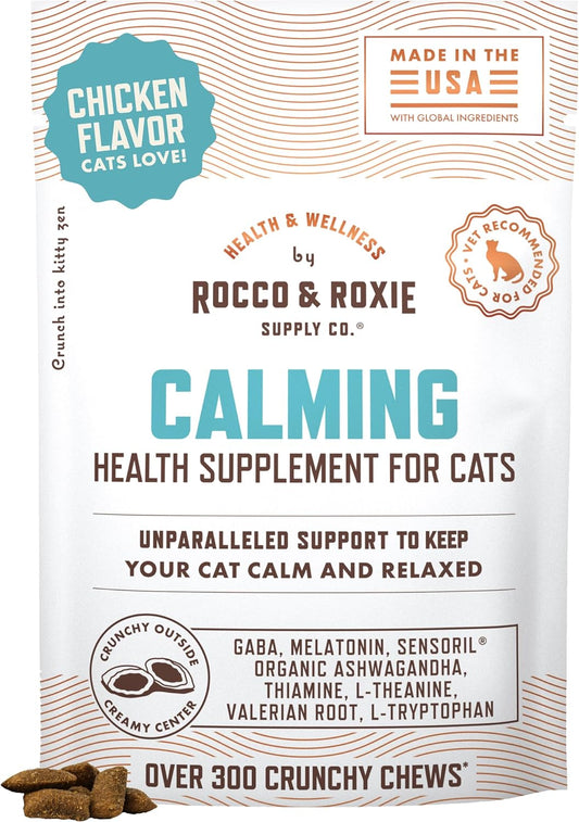 Rocco & Roxie Cat Calming Chews – Melatonin, Ashwagandha, GABA, Chicken Flavor.