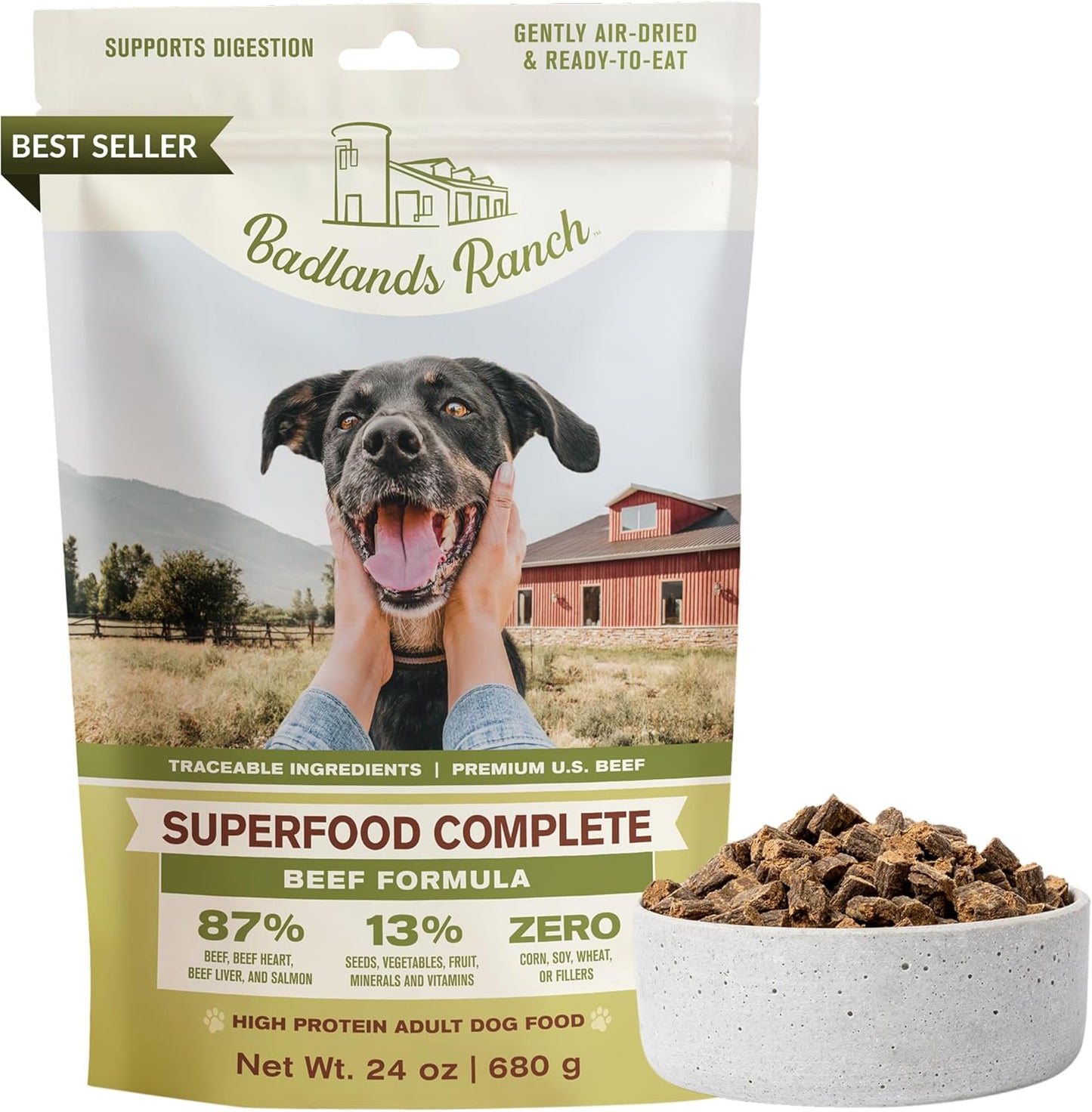 Badlands Ranch Superfood Complete Dog Food, Air-Dried Beef, High Protein, No Fillers, 24 oz.