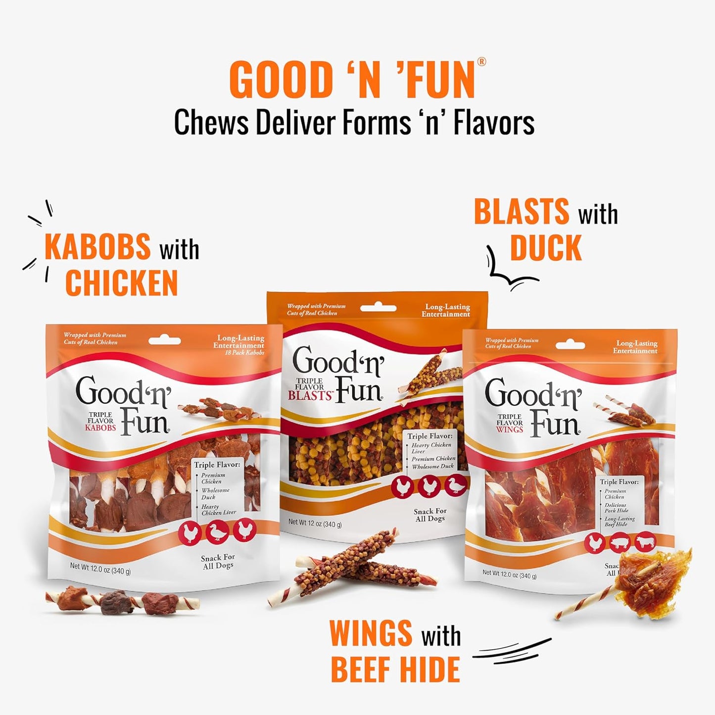 Good ‘n’ Fun Triple Flavor Wings – Chicken, Pork & Beef Hide Chews, 12 oz.