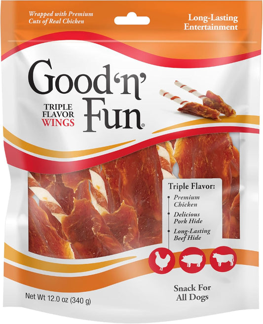 Good ‘n’ Fun Triple Flavor Wings – Chicken, Pork & Beef Hide Chews, 12 oz.