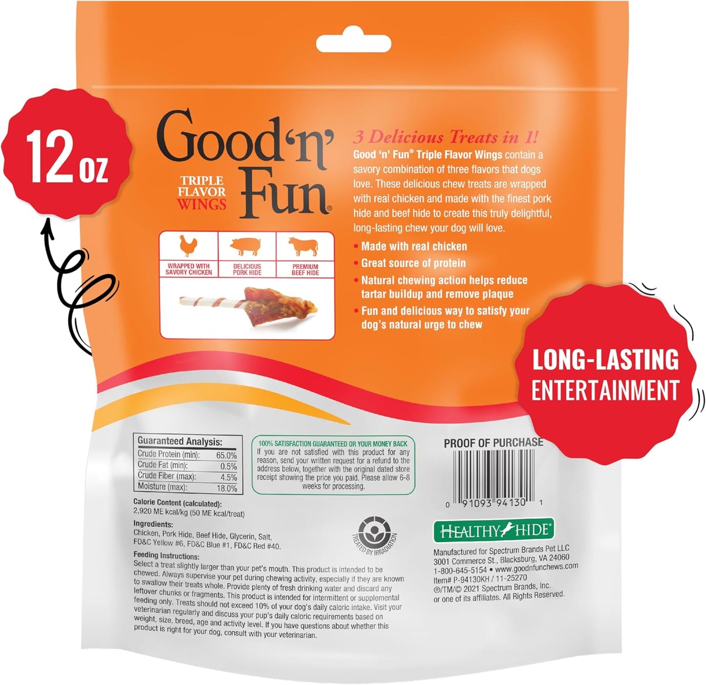 Good ‘n’ Fun Triple Flavor Wings – Chicken, Pork & Beef Hide Chews, 12 oz.