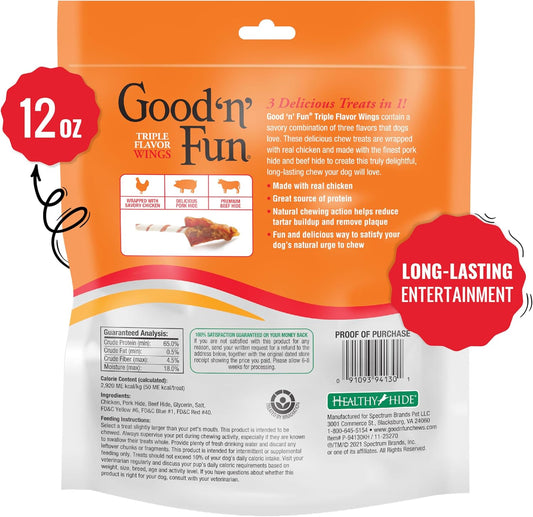 Good ‘n’ Fun Triple Flavor Wings – Chicken, Pork & Beef Hide Chews, 12 oz.